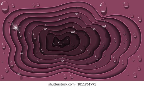 drops of transparent liquid on a background of overlapping pink burgundy abstract shapes with light strokes and wavy edges. art wallpaper with 3d effect. vector

