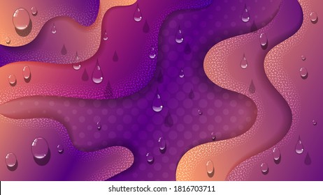 drops of transparent liquid on a background of overlapping textured beige-purple abstract shapes with wavy edges. beautiful art wallpaper with 3d effect. vector