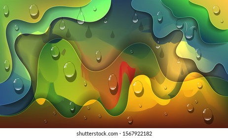 drops of transparent liquid on overlapping bright colorful multicolor abstract shapes with smooth wavy edges. Fantastic art wallpaper with 3D effect. vector image

