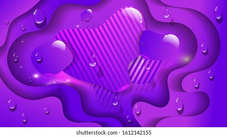 drops of transparent liquid on overlapping pink-purple abstract shapes with different textures. art wallpaper with 3D effect. vector image