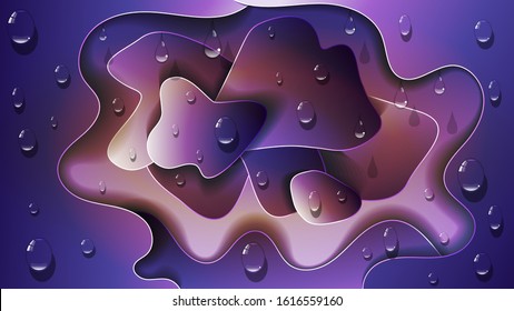 drops of transparent liquid on overlapping purplish-brown abstract shapes with smooth edges and a light stroke. art wallpaper. vector image

