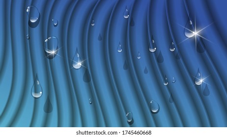 drops of a transparent liquid on a wave-like smoothly deformed azure surface. Realistic futuristic background with 3D effect. vector
