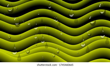 gotas de un líquido transparente sobre una superficie verde suave y suave. Fondo futurista realista con efecto 3D. vector