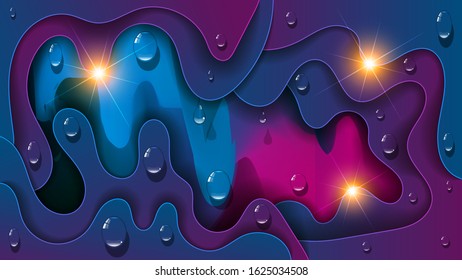 drops of transparent liquid and yellow flashes of light on pink-azure abstract forms overlapping each other with wavy edges and a light stroke. art wallpaper with 3D effect. vector
