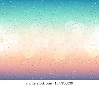 Drops and trickles of water on the glass. Raindrops on a blurred window background with bokeh. Sparkling dawn or shiny evening. Gradient mesh