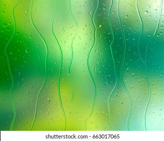 Drops and trickles of water on the glass. Raindrops on a blurred window background, summer colors. Gradient mesh