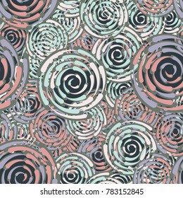 The drops are twisted into a spiral. Six-color texture. Seamless pattern.