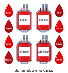 Drops with typed blood groups and donating donor service plastic bags