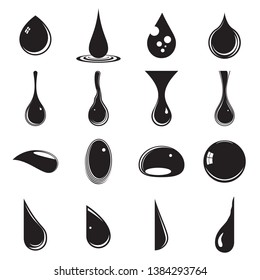 Drops of various liquids. Collection of 16 black drop icons on a white background. Symbols of droplets, tears, dews, raindrops, ets. Vector illustration