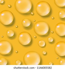 Drops of water. Abstract liquid on yellow background. Vector illustration. Realistic style. Macro.