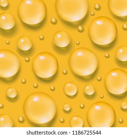 Drops of water. Abstract liquid on yellow background. 3d realistic vector illustration. Realism style. Macro