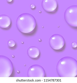 Drops of water. Abstract violet liquid background. 3d realistic vector illustration. Realism style. Macro
