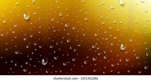 Drops of water, dew falls. Condensate on a bottle of beer and drinks. Realistic vector clear vapor bubbles on dark glass surface for your design. 