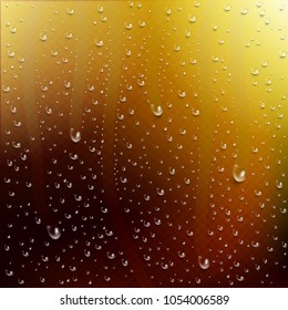 Drops of water, dew falls. Condensate on a bottle of beer and drinks. Realistic vector clear vapor bubbles on dark glass surface for your design.