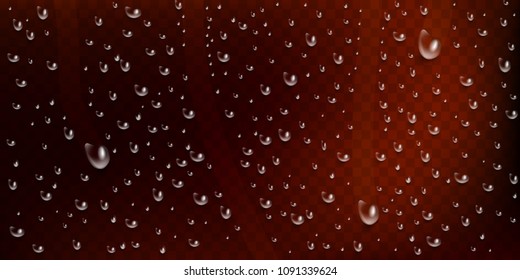 Drops of water, dew falls. Condensate on a bottle of beer and drinks. Realistic vector clear vapor bubbles on dark glass surface for your design.