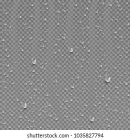 Drops of water, dew falls. Rain or shower drops isolated on transparent background. Realistic pure water droplets condensed. Vector clear vapor bubbles on window glass surface for your design.