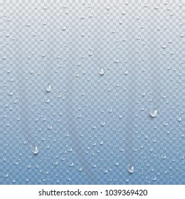 Drops of water, dew falls. Rain or shower drops isolated on transparent background. Realistic pure water droplets condensed. Vector clear vapor bubbles on window glass surface for your design.