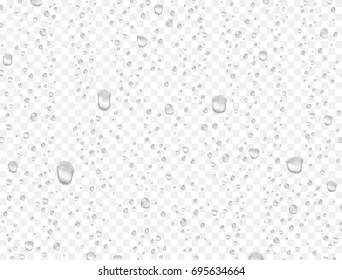 Drops of water, dew falls. Rain or shower drops isolated on transparent background. Realistic pure water droplets condensed. Vector clear vapor bubbles on window glass surface for your design.