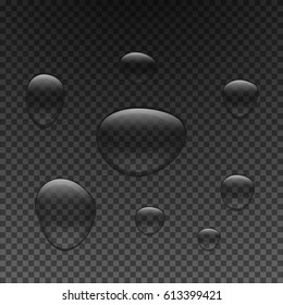 Drops of water of different sizes. Droplets of clear liquid on a dark transparent background. Vector illustration.