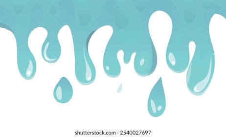 Drops of water flowing from above. blue water splashes.  Cartoon blue water drops. 