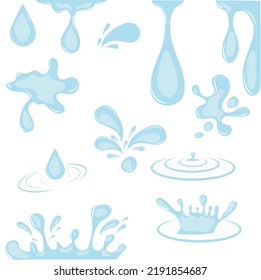 Drops of water or oil. Vector set of icons of flowing drops, waves, tears, splashes, splashes of nature isolated on white background. Dripping liquid. Water spill. Aqua drop element. 