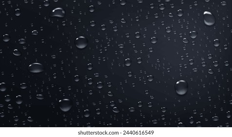 gotas de agua sobre fondo de vidrio negro. Gotitas de lluvia con reflejo de luz en la superficie oscura de la ventana. Estilo realista. Gotas PNG, condensación en la ventana. Ilustración vectorial.