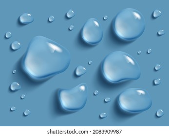 Drops of water on a blue background. Vector realistic