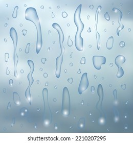 Drops of water on blue glass background. Rain droplets with light reflection on dark window surface. Vector illustration.