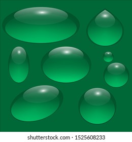 Drops of water on green transparent background. Realistic drops pure, clear water isolated. Vector illustration.