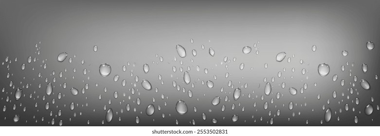 Drops of water on grey background. Vector. Isolated set of transperent water drops. Scattered and spritz splash raindrops