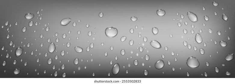 Drops of water on grey background. Vector. Isolated set of transperent water drops. Scattered and spritz splash raindrops
