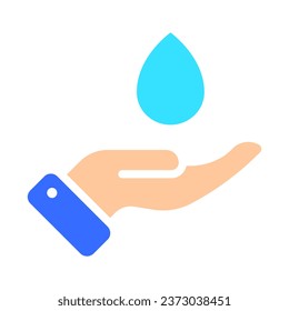 Drops of water on the palm line icon. Liquid, moisture, thirst, rain, nature, sea, river, lake, current. Vector color icon on a white background for business and advertising.