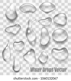 Drops of water on a transparent background. Vector.