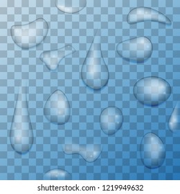 Drops of water on a transparent background. Vector set