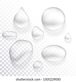 Drops of water on a transparent background. Set of transparent drops of different shapes in gray colors. Vector