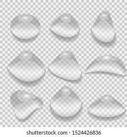 Drops of water on a transparent background. Realistic drops pure, clear water isolated. Vector illustration.