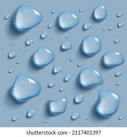 Drops of water on a transparent background. Vector realistic image