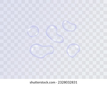 Drops of water on a transparent background. Vector. Isolated set of transperent water drops. Many drops