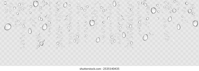 Gotas de água sobre um fundo transparente. Vetor. Conjunto isolado de gotas de água transparentes. Muitas gotas