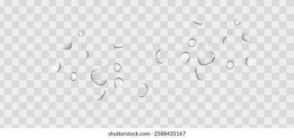 Drops of water on a transparent background. Vector. Isolated set of transperent water drops. Many drops