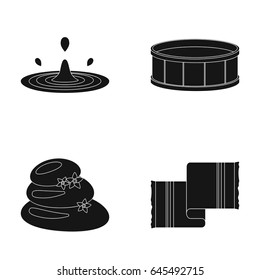 Drops of water, pool or basin with hot water, spa stones with lotus flowers, towel for the pool. Spa set collection icons in black style vector symbol stock illustration web.