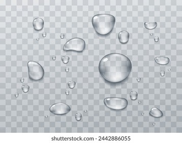 gotas de agua. Gotas de agua pura y clara. Aislado sobre fondo transparente. Estilo realista. Gotas PNG, condensación en la ventana, en la superficie. Ilustración vectorial.