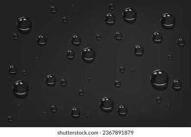 Llueven gotas de agua sobre una superficie de ventana oscura. Resumen de textura húmeda, rocío, condensado de un vapor de ducha o niebla sobre un fondo transparente. Ilustración vectorial 3D realista.