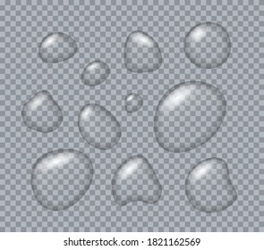 Drops water rain on transparent background. Raindrop, drinking water, shower, moisturizer concept. Drops of water flow on window. Vector illustration of EPS 10.
