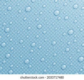 Drops water rain on transparent background. Clear round water drops on smooth surface. Rain drops on window.