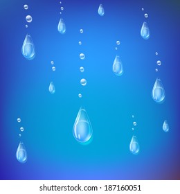 Drops of water trickling down on glass, vector background