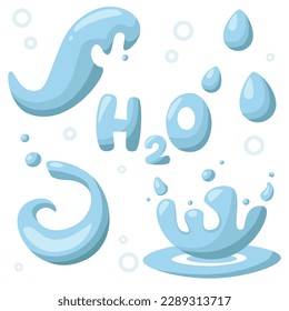 Drogas de agua. Conjunto vectorial de iconos de gotas que fluyen, olas, lágrimas, salpicaduras, salpicaduras de naturaleza aisladas en fondo blanco. Derrame líquido. Derrame de agua.  Caídas de lluvia y gotas de sudor.