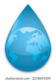 Drop-shaped button with shiny effect and globe inside it. Isolated design in gradient effect.