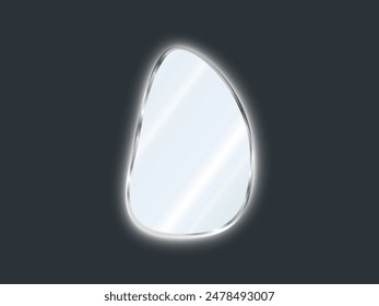 Espejo en forma de gota en un marco plateado con iluminación led. Placa de vidrio reflectante. Ilustración vectorial 3D aislada sobre fondo oscuro.