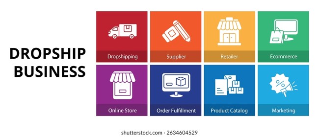 Dropship Negocio Glyph Anuncio sólido Web Icon Set Ilustración vectorial
